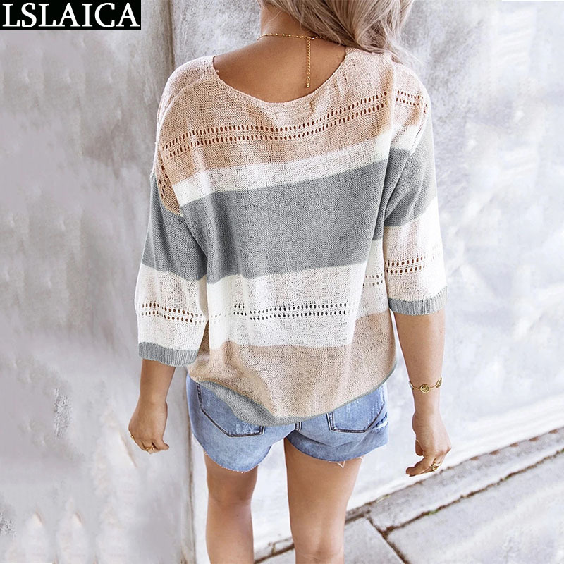 Autumn Sweater Hollow Out Knitted Tops Pullover Women Casual Patchwork Striped Color Matching Fashion Roupas Feminina 210520