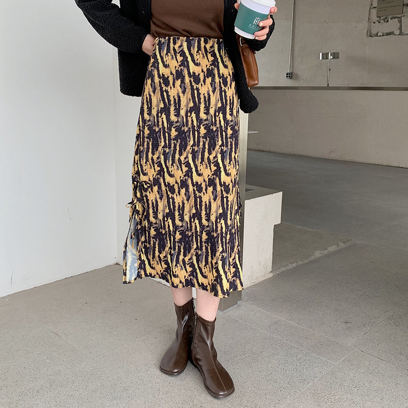 Printed High Waist Bottoming Pleated Chic Knitted Skirt Female OL Elegant Fashion Feminine Long Skirts Women 210421