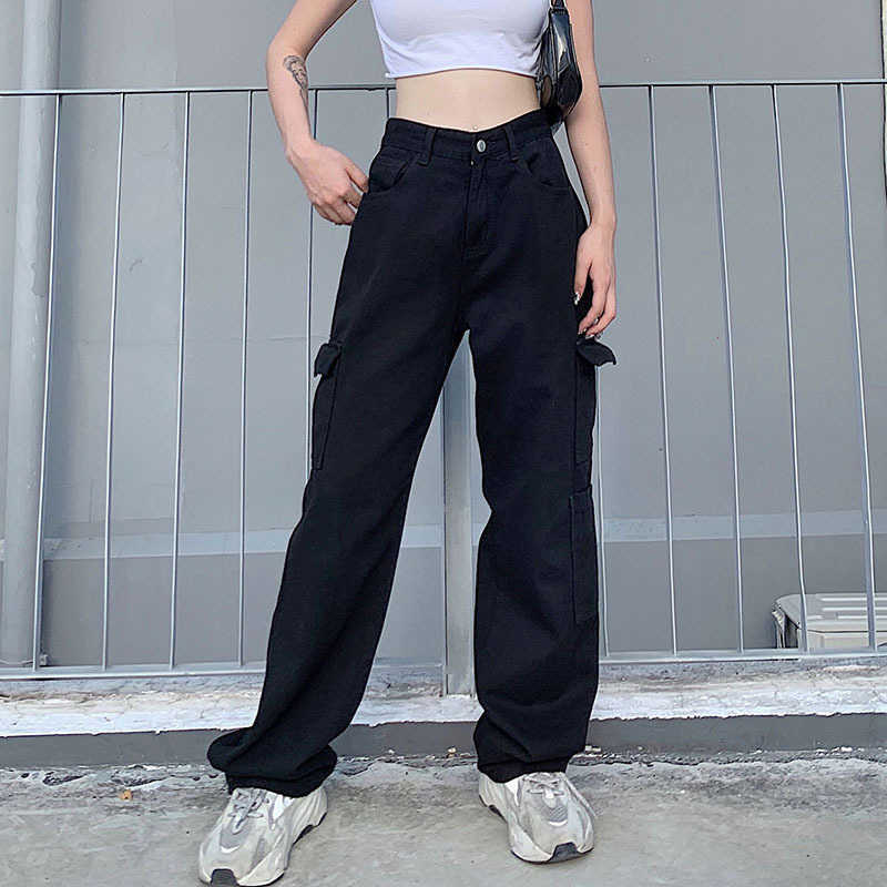 GOPLUS Woman Mom Jeans Vintage High Waist Cargo Straight Pants Women Black White Blue Femme Taille Haute Broeken Dames 210922
