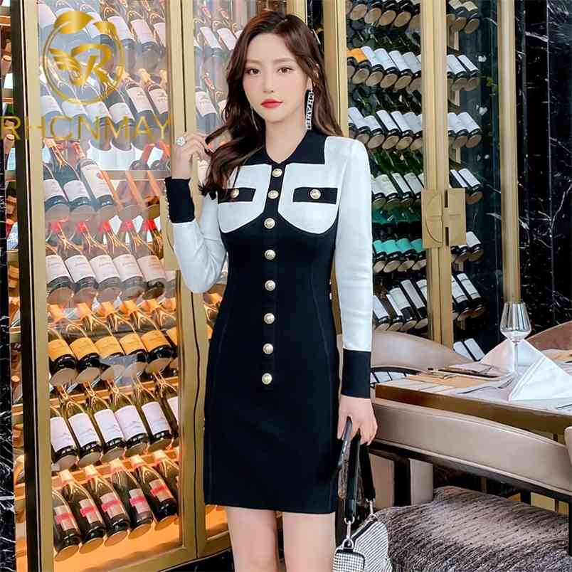 High Quality Women Fashion Long Sleeve Single-breasted Contrasting colors Sweater Jumper Slim Knitting Dresses 210506