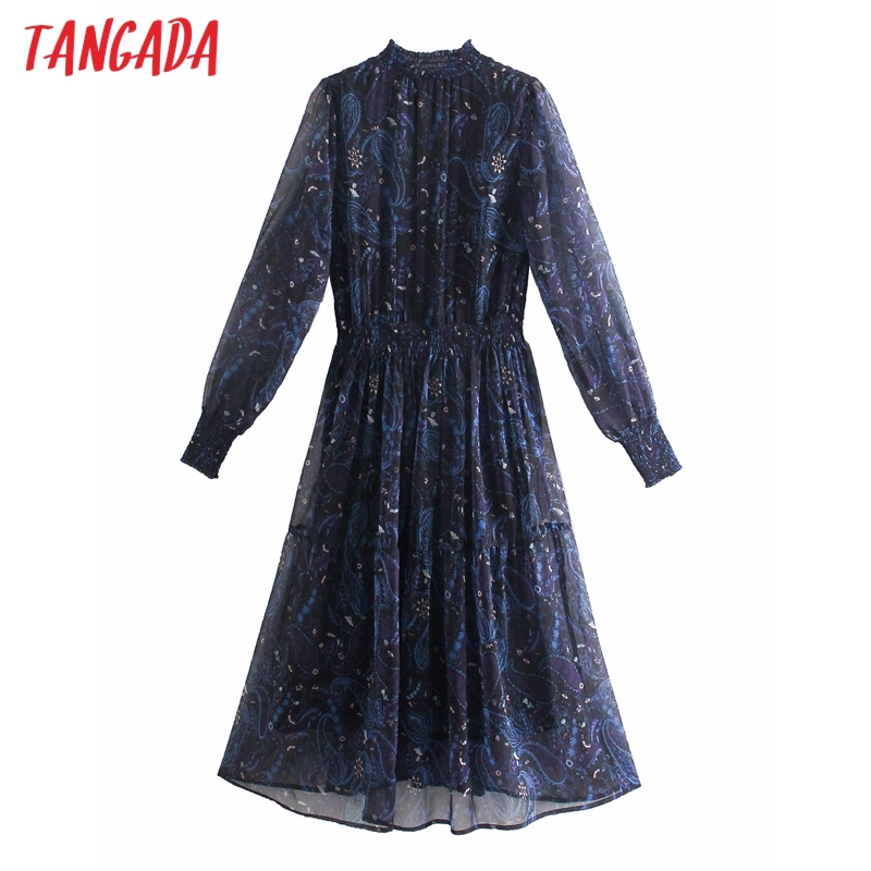 Fashion Women Flowers Print Elegant Chiffon Long Sleeve Office Ladies Midi Dress 2W77 210416
