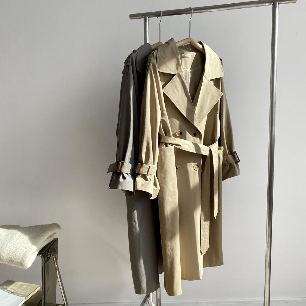 Minimalist Suit Collar Double-breasted Long Trench Coat High Quality OL Overcoat Autumn Solid Casual Windbreaker 210421