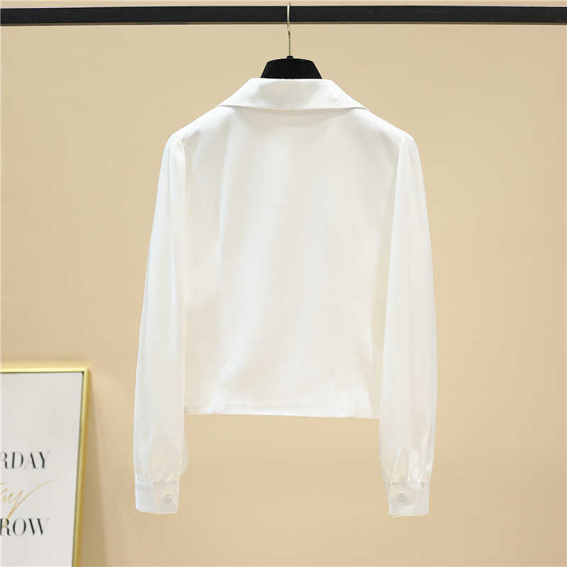 White Bow Full Turn Down Collar Shirt Women's Spring Loose Short Top 210615