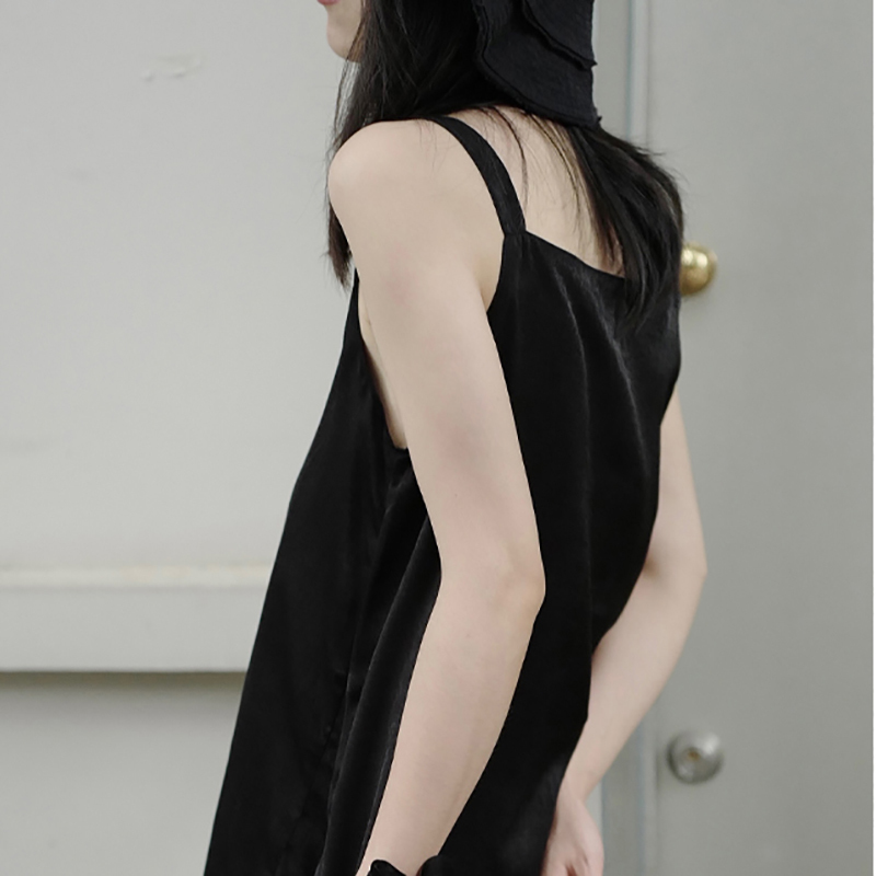Black Asymmetry Dress Women's Summer Round Neck Spaghetti Strap Mid-calf Irregular Dresses Female Tide 5E149 210427