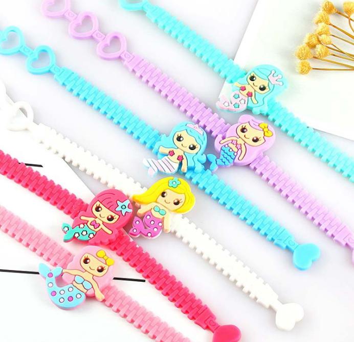 Kids Mermaid PVC Bracelet Cartoon Adjustable Bracelets Cute Multicolor Wristband Bangle Birthday Party Favor Girls Jewelry 6Colors