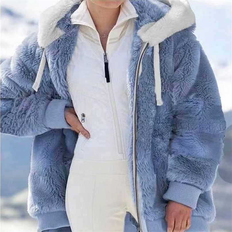 Fashion Women's Winter Jacket Plush Patchwork Zipper Pocket Hooded Solid Jackets Women Retro Loose Long Sleeve Plus Size Coat 211123