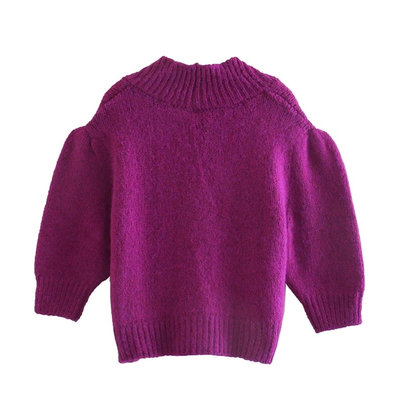 Stylish Women 3/4 Puff Sleeve Purple Cropped Cardigan Retro V neck Knitted High Waist Short Sweater Punk pull Korea Clothes 210429