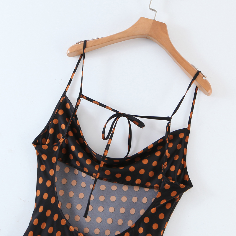 French Summer Polka Dot Print Bandage Spaghetti Strap Midi Dress Retro Sexy Women Lacing Up Sling Slit Vestido 210429