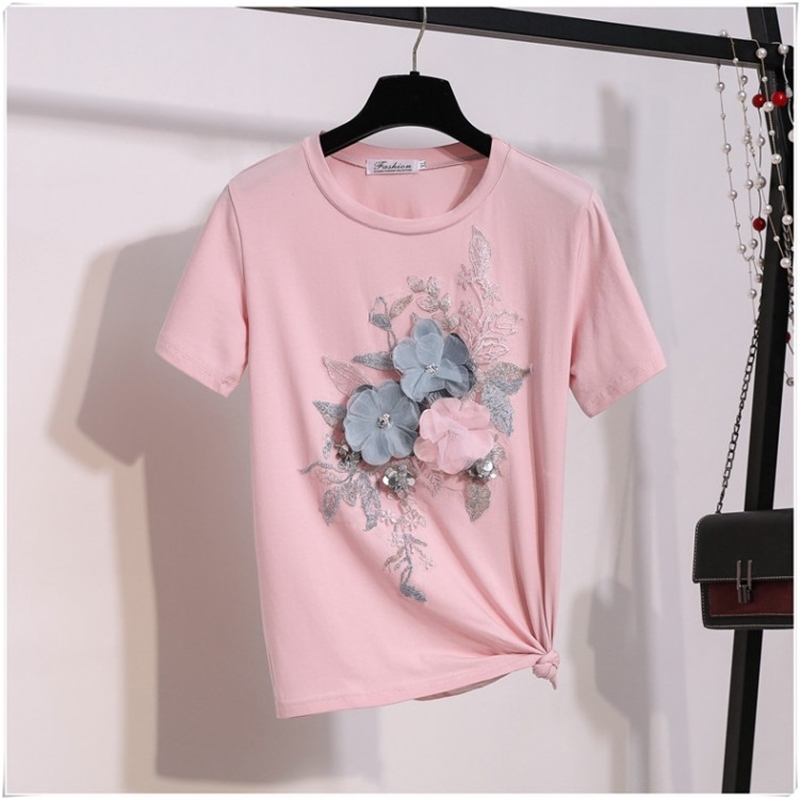 Summer Embroidery Beading Flower T Shirts Women O-Neck Short Sleeve Girl Tops T-shirts Floral Tee Shirt 210519