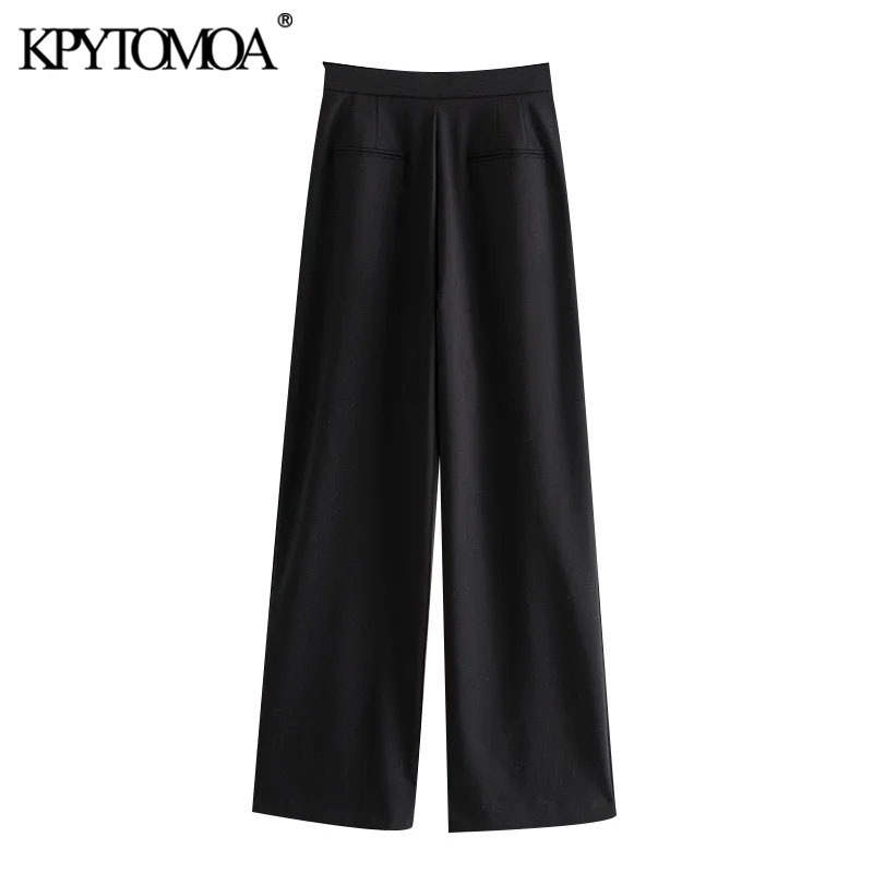 Women Elegant Fashion Office Wear Pleated Wide Leg Pants Vintage High Waist Side Pockets Female Trousers Mujer 210416