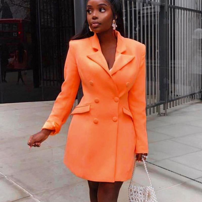 Women Blazer Double Breasted Vintage s Jackets Casual Orange Oversized Coats Fashion 210524