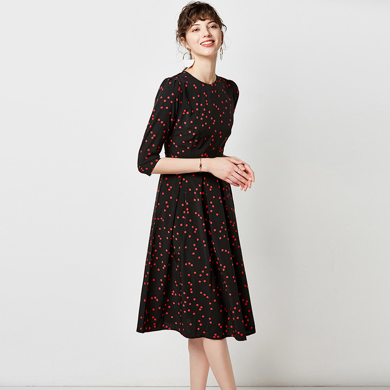 Women Vintage Dot Print Dresses Elegant Three Quarter Sleeve Office Casual O Neck Midi Tunic Pleated 210508