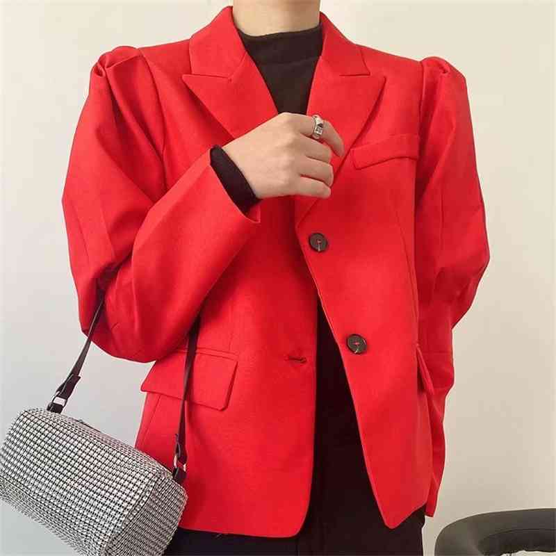 Elegant Women Red Puff Sleeve Blazers Fashion Ladies Pocket Jackets Streetwear Female Chic Notched Collar Coats 210430