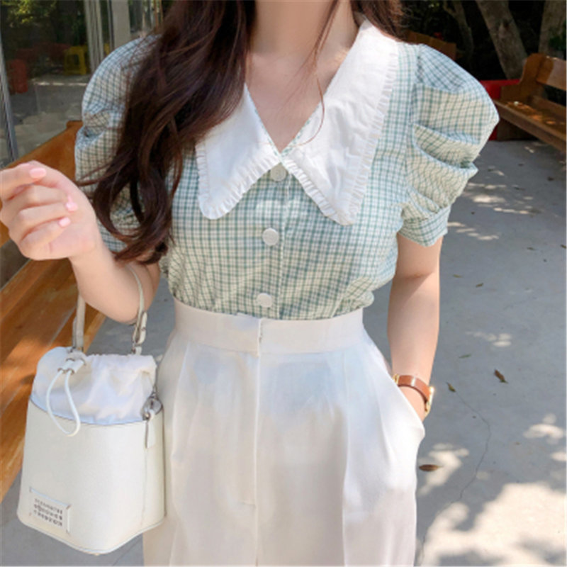 Brief Plaid Vintage Stylish Geometric Summer Short Sleeves Casual Lady Loose OL All Match Women Blouses Shirts 210421