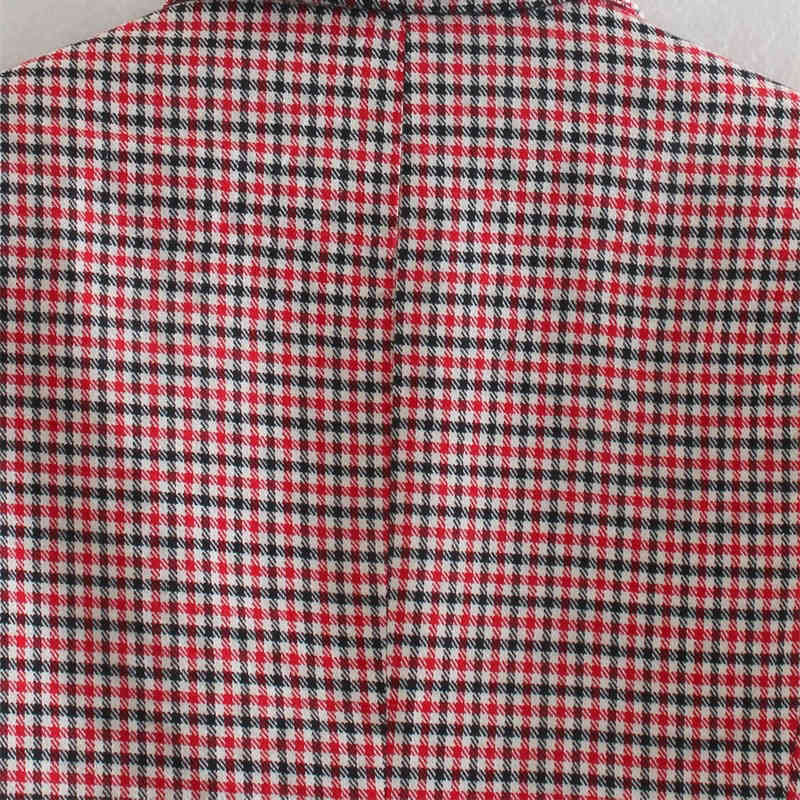 Women Elegant Fashion Red Pliad Double Breasted Blazer Vintage Female Pockets Notched Coat Lady Office Wear 210521