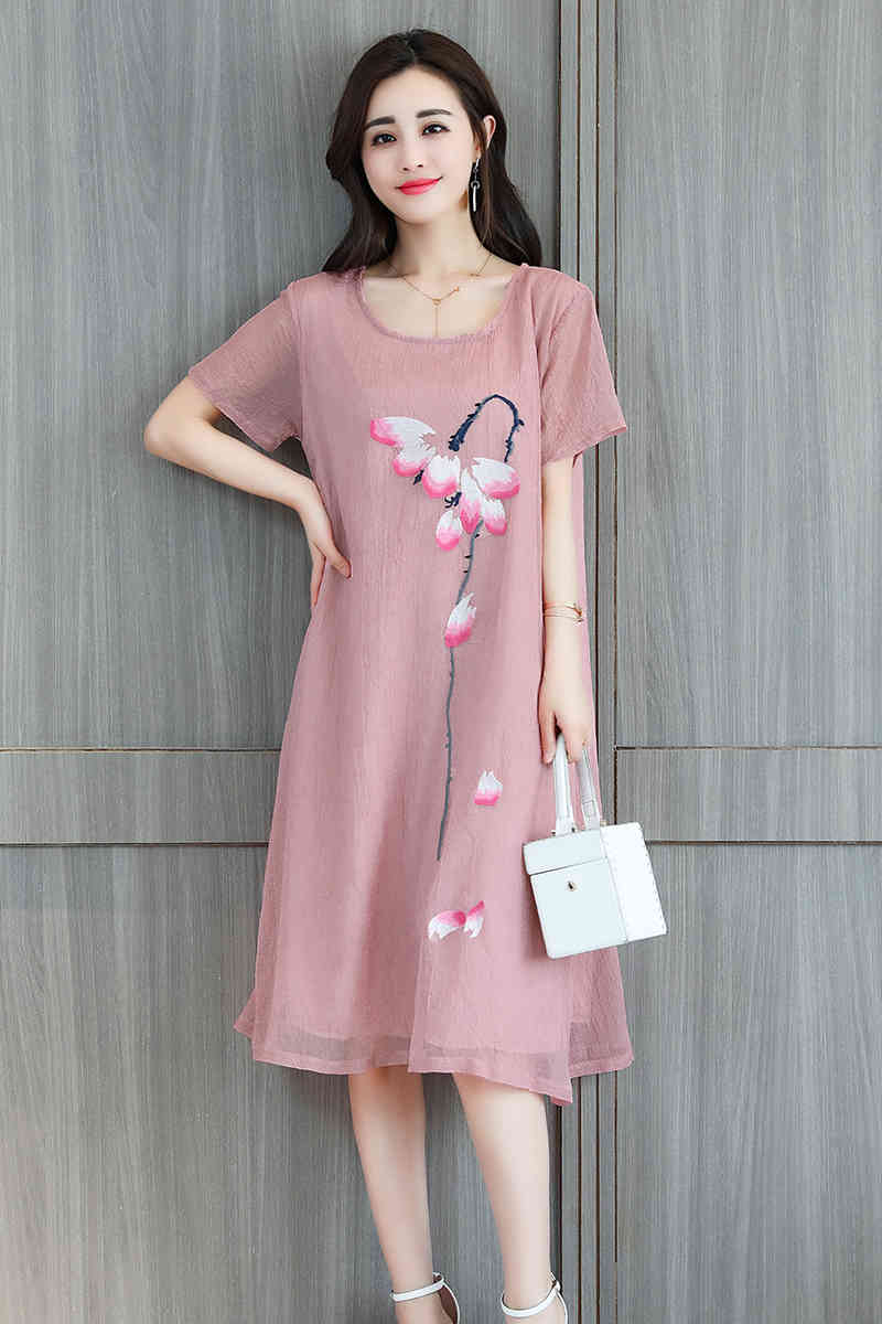 printed chiffon women dress loose plus size summer short sleeve knee length women's clothing 0273 40 210506