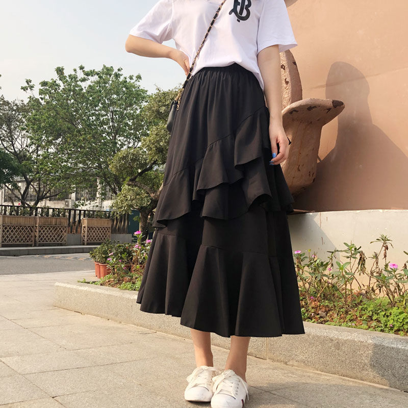 Ruffles A-line Solid High Waist Women Korean Chic Spring Long Skirts All Match Elegant Faldas Fashion 15535 210415