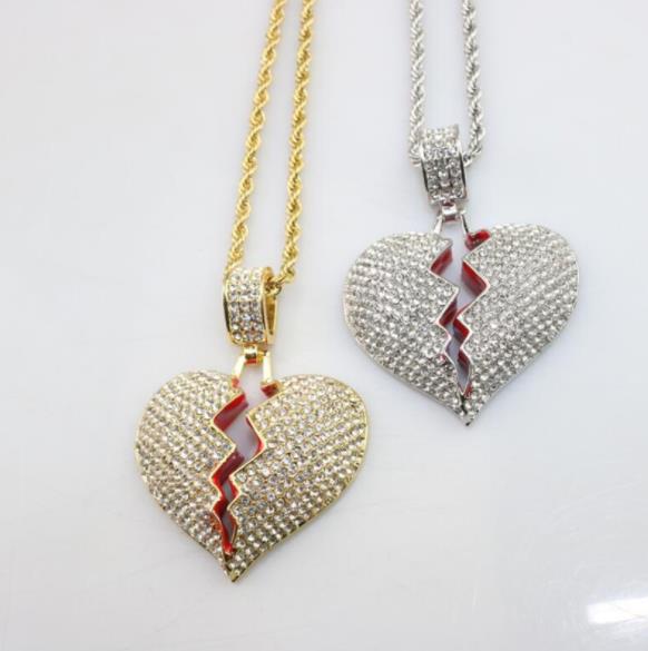Broken Heart Iced out Pendant Necklace Men's Bling Crystal rhinestone Love charm Gold Silver Twisted chain For women Hip hop Jewelry