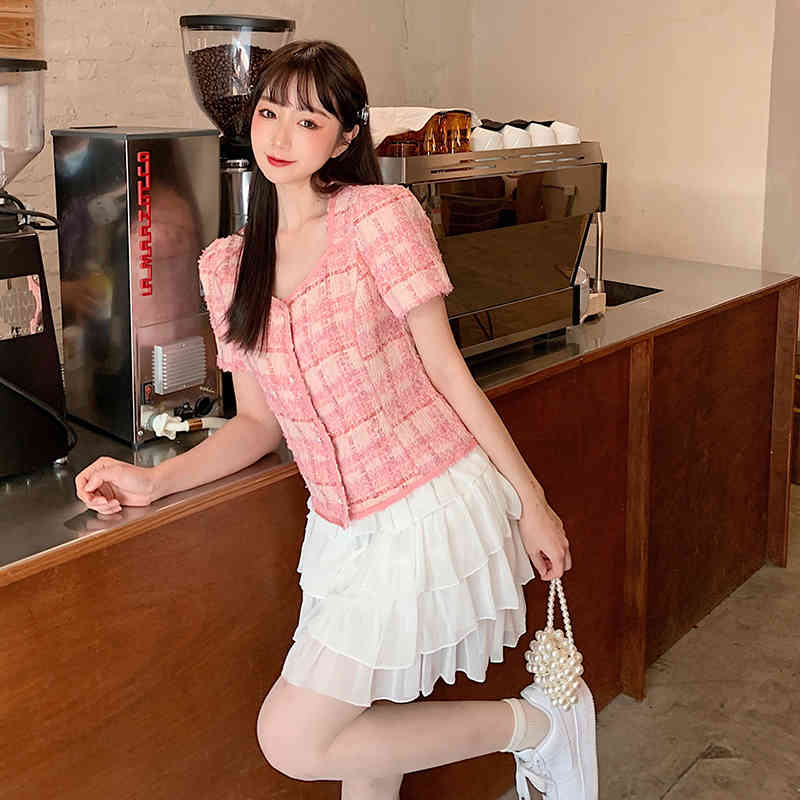 Sweet Fashion Two Piece Set Women's Pink Plaid Tweed Short Sleeve Chic Tops + Ruffles Chiffon Mini Skirts Outfits Female 210519
