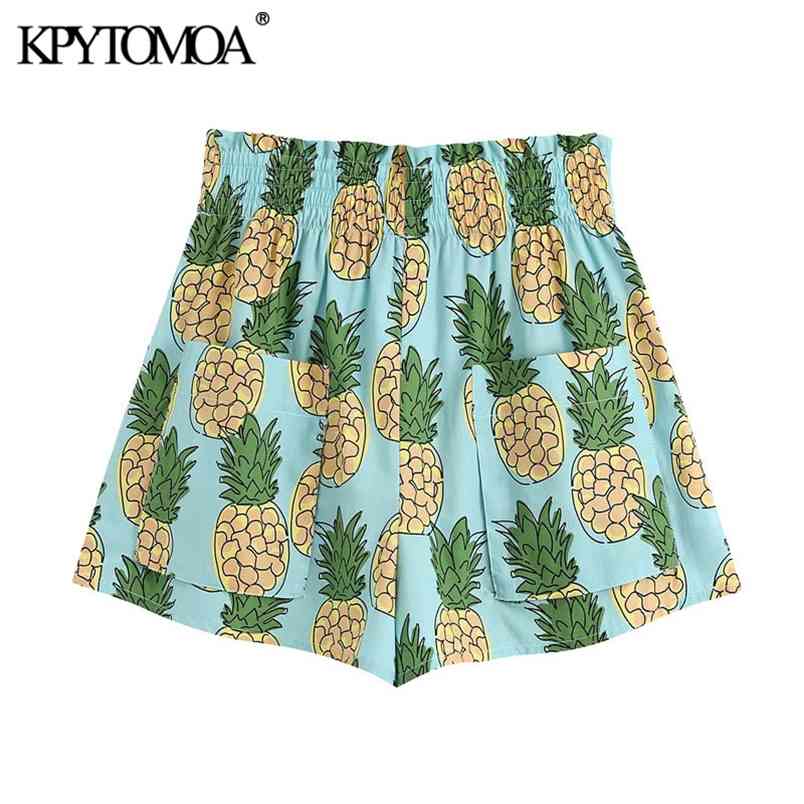 Women Chic Fashion Pineapple Print Shorts High Elastic Waist Patch Pockets Female Short Pants Pantalones 210420