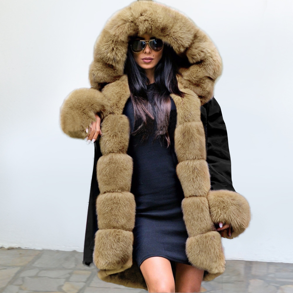 Women Fur Parka Hooded Winter Coats Woman Plus Size Vintage Long Overcoat Coat Color Matching Jackets 210524