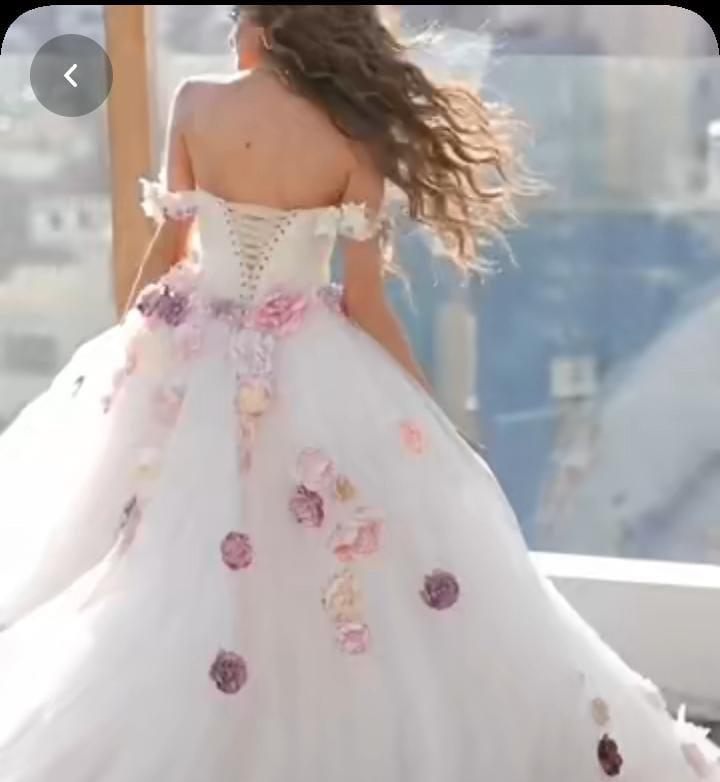 Off Shoulder Colorful 3D Flowers Cinderella Themed Wedding Dress Ball Gown Romantic Sweep Train