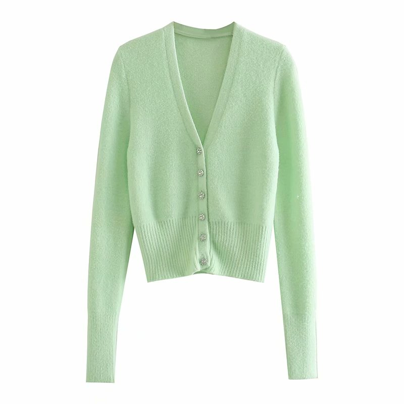 Casual Woman V Neck Diamond Button Knitted Cardigan Spring Fashion Ladies Light Green Soft Knitwear Grils Sweet Sweaters 210515