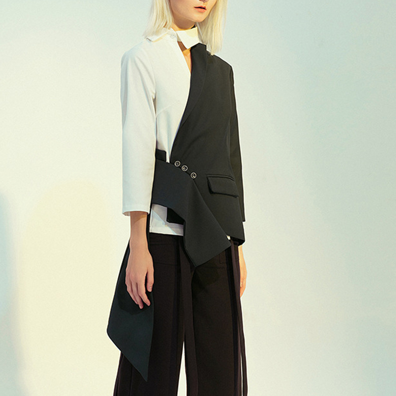 VGH asymmetrical patchwork hit color blazer for women lapel long sleeve irregular hem slim womens suit spring fashion 210421