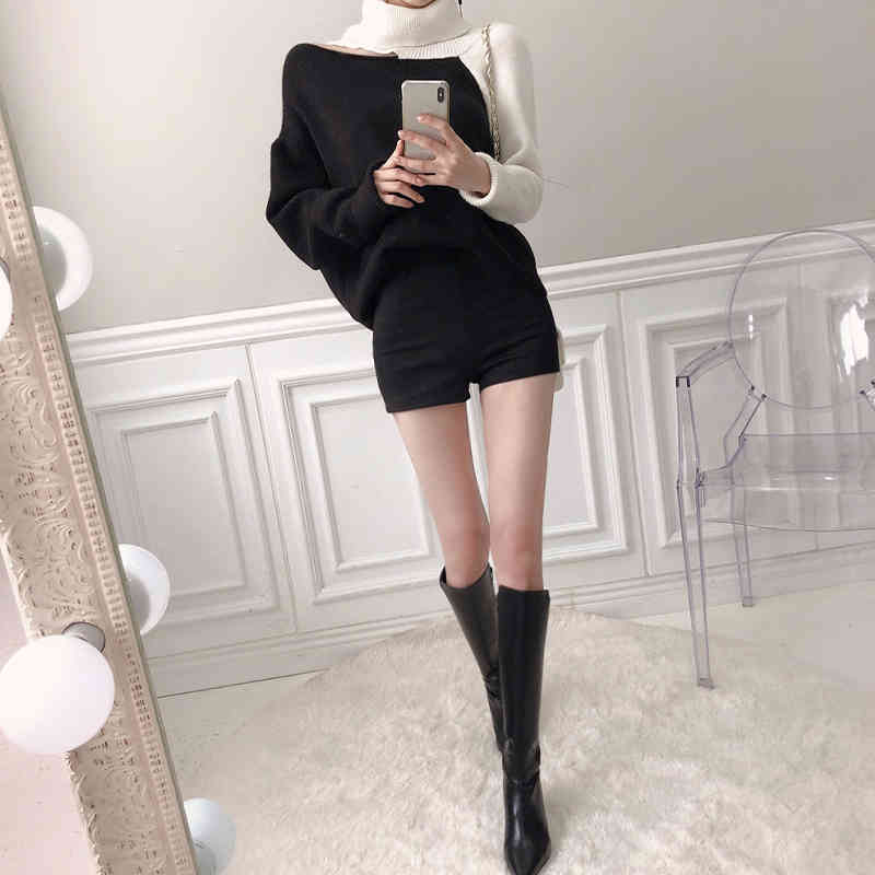 Women's Irregular Sweater Autumn Winter Contrast Color Turtleneck Pullovers Female Off Shoulder Loose Jumper Fashion 210506