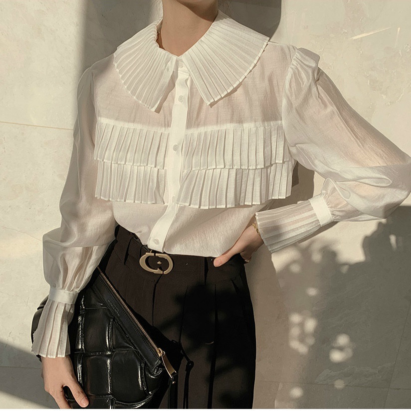 Women Shirts Korean OL Lantern Sleeve Elegant Blouse Solid Ruffle Pleated See Through Blusas Mujer Fashion Tops 210519