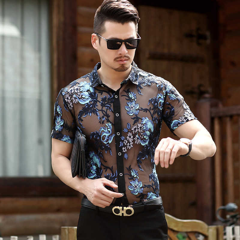 Floral Lace Shirt Men Embroidery Transparent Mens short sleeve Dress Shirts See Trough Sexy Club Party Prom Social Shirt 210527