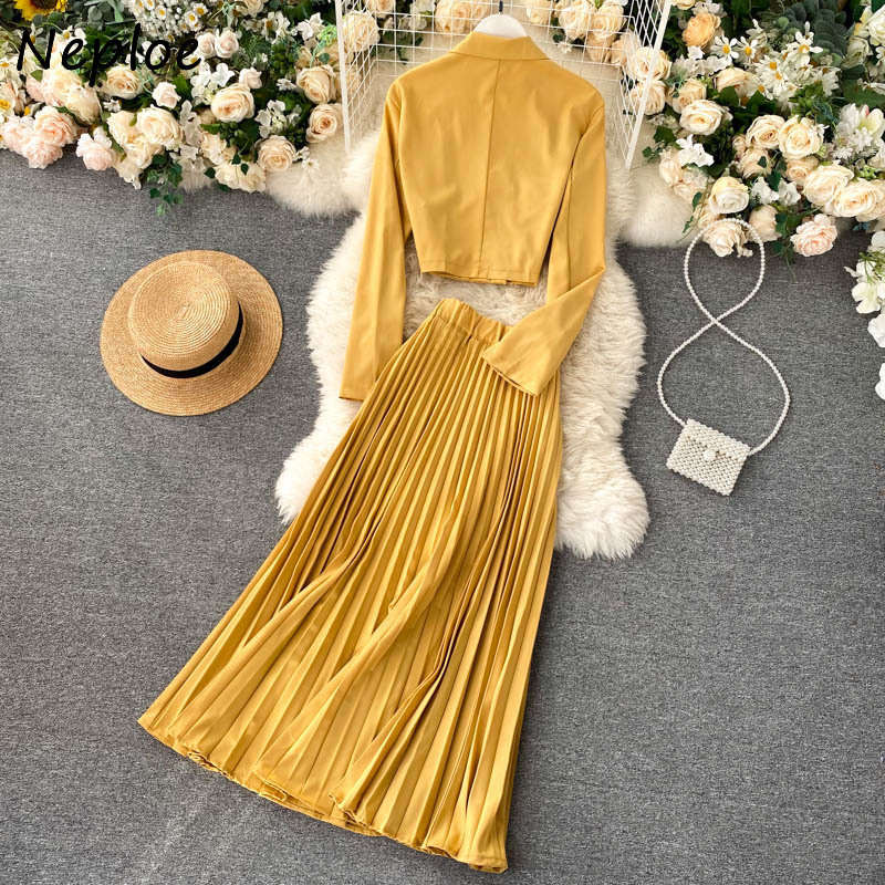 Neploe Temperament Knit 2 Pcs Women Set Turn Down Collar Long Sleeve Short Cardigans + High Waist Hip A Line Pleat Skirt Suit 210422