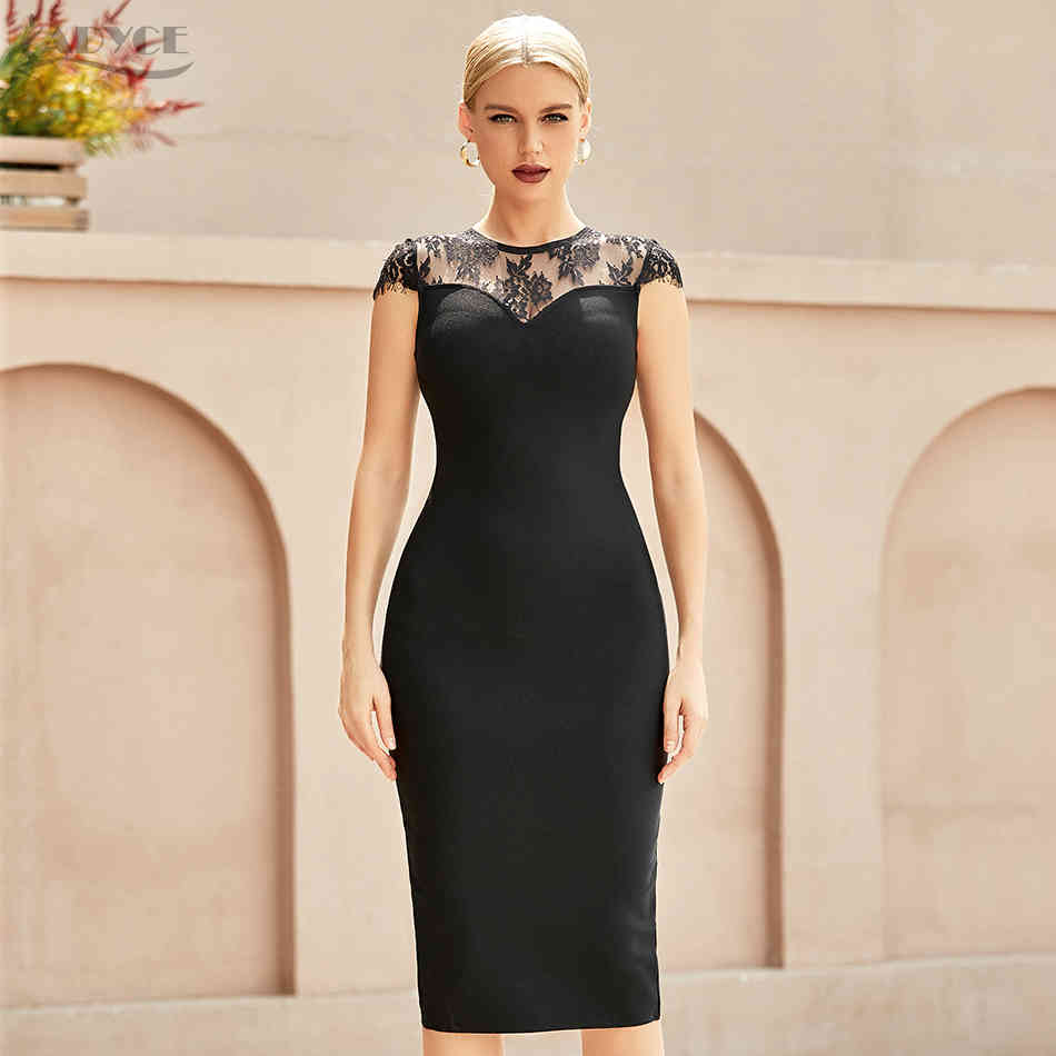 Summer Black Lace Short Sleeve Bodycon Bandage Dress For Women Sexy Midi Lady Celebrity Evening Club Party 210423