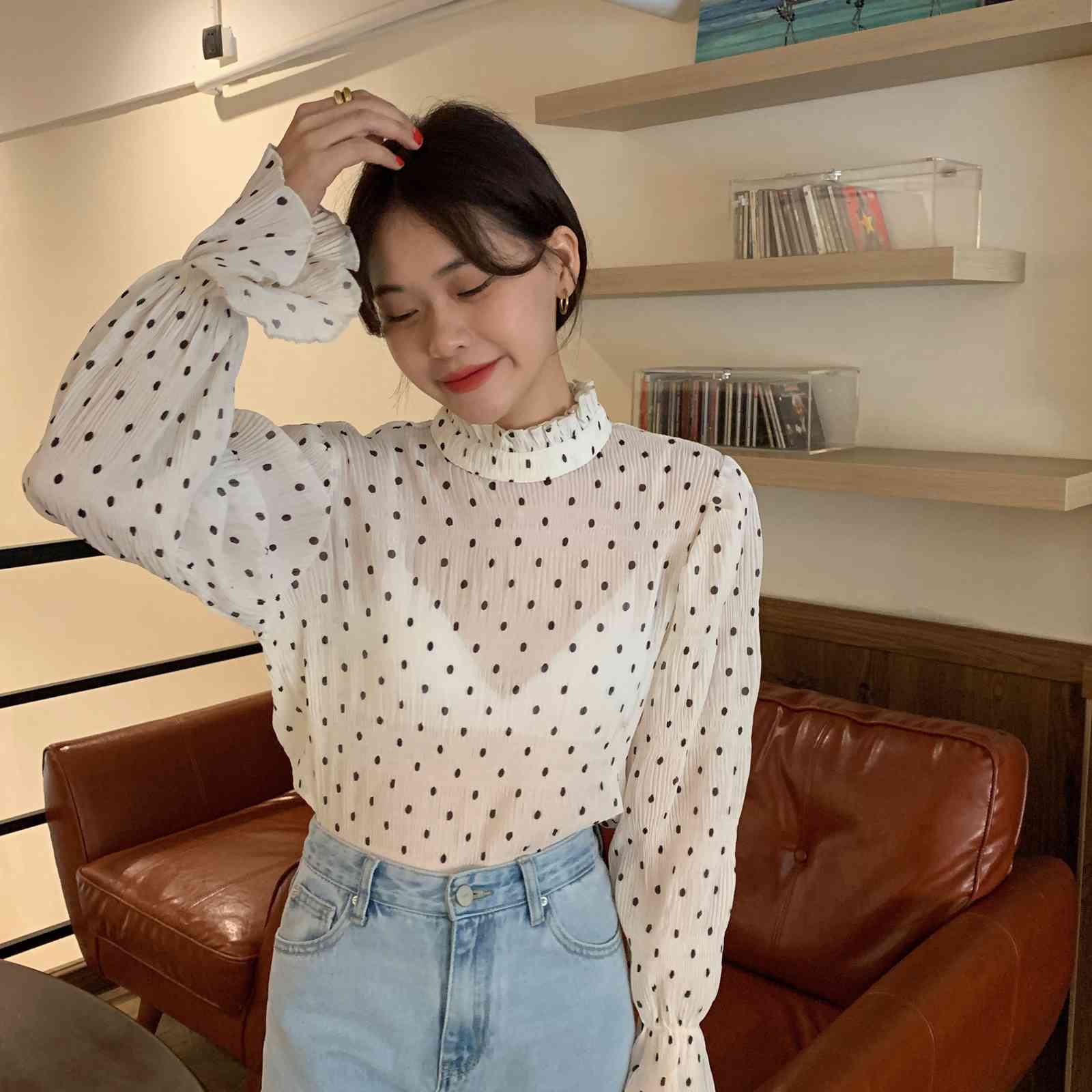 Nomikuma Korean Dot Chiffon Women Blouses Causal Stand Neck Flare Long Sleeve Shirt Causal Perspective Blusa Feminimos 6D747 210427