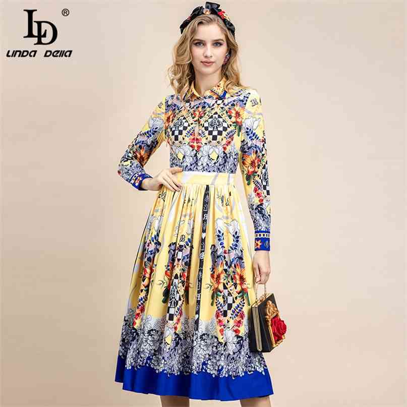 Summer Fashion Runway Vintage Party Dress Women's Long sleeve High waist Floral print Pleated Midi 210522