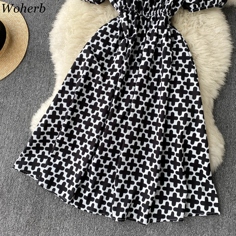 Vestido De Mujer Summer Backless Hollow Bow Slim Sweet Dress Women Sexy Puff Sleeve Fashion Print Bandage Party Dresses 210519