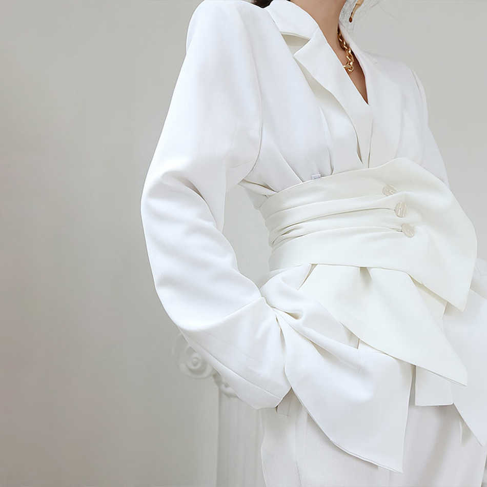 Casual White Blazer For Women With Slotted Long Sleeve Belt Elegant Fashion Clothing 210525