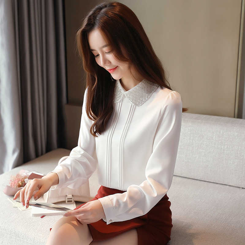 Chiffon Shirt Female Doll Collar Beaded Blouse OL Temperament Long Sleeve Back Button Pullovers Plus Size 210601