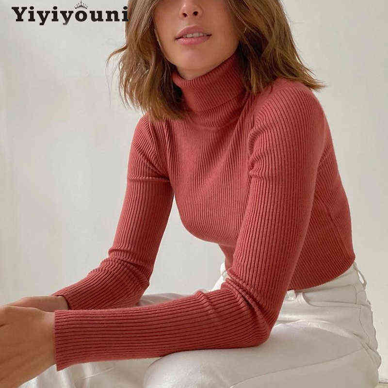 Yiyiyouni Casual Slim fit Knitted Turtleneck Sweater Women Autumn Winter Ribbed Basic Pullovers Women Soft Long Sleeve Jumper 211109
