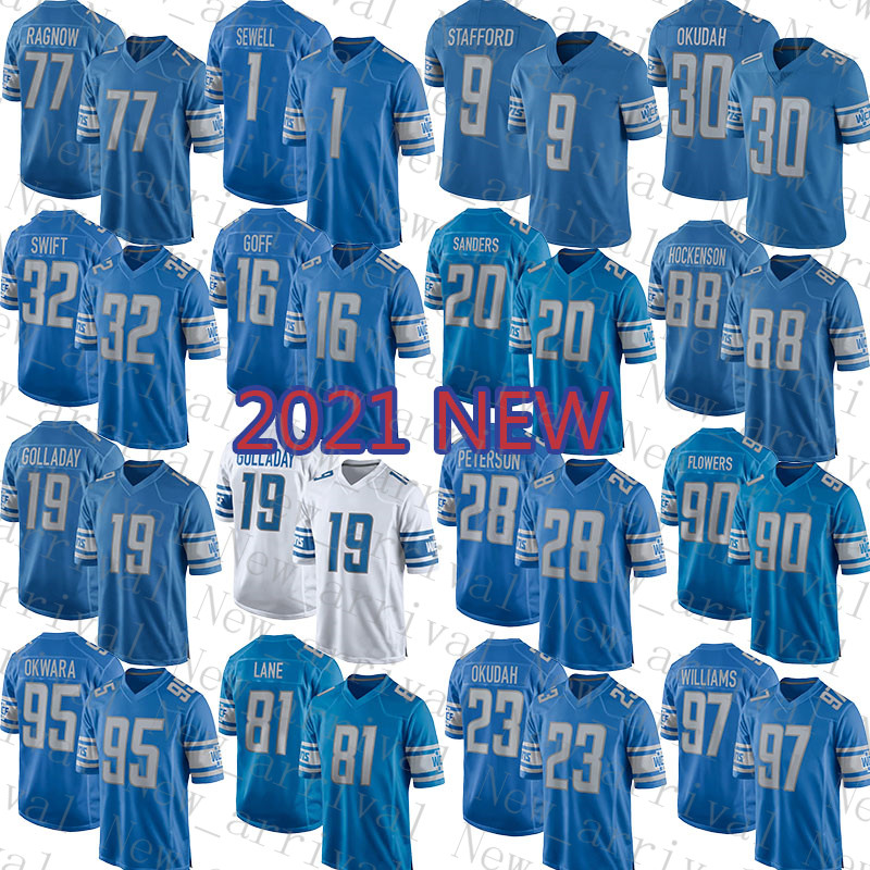 Detroit Mens Lions American Football Jersey 16 Jared Goff 32 D'Andre Swift 20 Barry Sanders 88 T.J. Hockenson 77 Frank Ragnow 1 Penei Sewell 9 Matthew Stafford, Mens-xiongshi