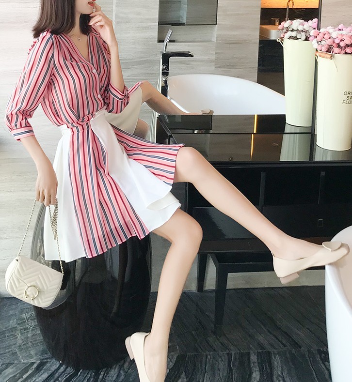 Women 2 Piece Set Spring chiffon Striped Blouse Shirts+High Waist Button Mini Skirts 2 Pieces Clothing Suits 210519