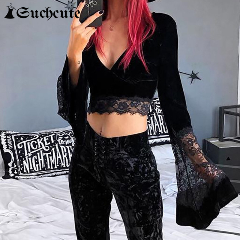 Women' T-Shirt Sexy Deep V-Neck Skinny Flare Long Sleeve Dark Academia Fashion Lace Patchwork Crop Tops Gothic Tee 68JY, Black
Women' T-Shirt Sexy Deep V-Neck Skinny Flare Long Sleeve Dark Academia Fashion Lace Patchwork Crop Tops Gothic Tee 68JY, Black