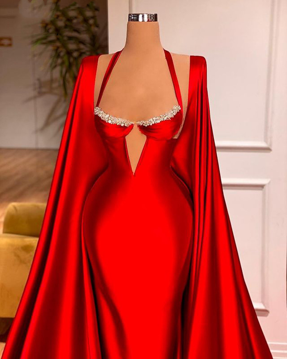 2021 Red Satin Evening Dresses For Women Beaded High Split Mermaid Prom Party Gowns Long Wrap Formal Robe De Soirée