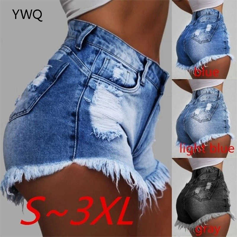 Women Ripped Denim Shorts Summer Plus Size High Waist Slim Tassled Hole Sexy Denim Shorts Fashion Sexy Loose Wide Leg Shorts 210625