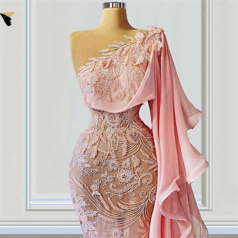 Chic Pink Mermaid Evening Dresses One Shoulder Lace Appliques Party Gowns Women Prom Dress Front Split Floor Length Elegant Robe De Soriee