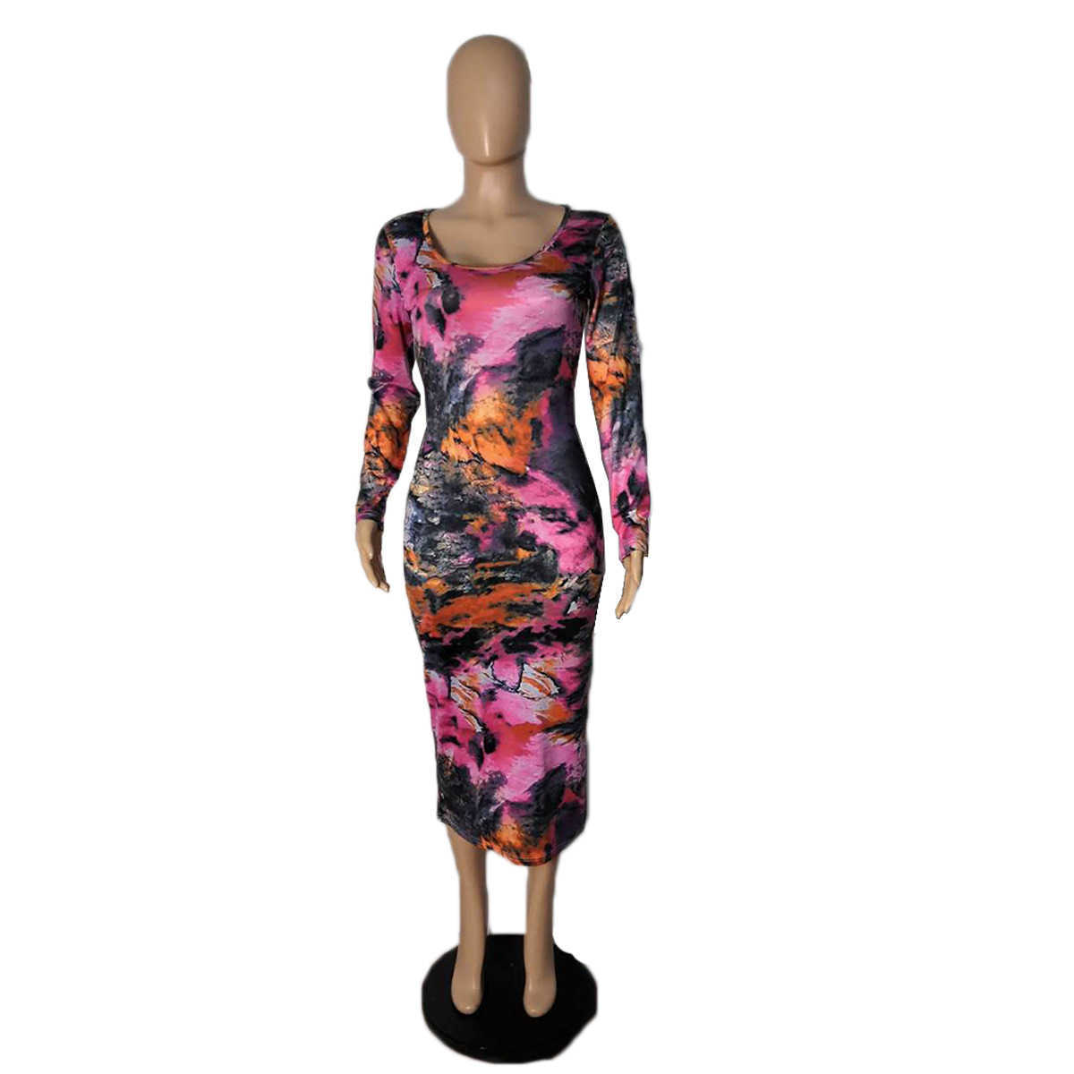 Women Tie Dye Printed Bodycon Dress Classy Ladies Evening Party Long Dresses 210702
