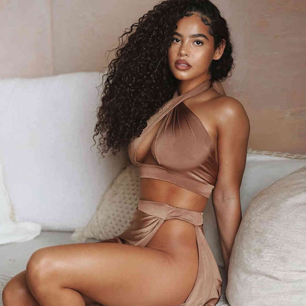 Summer Women Hollow Out 2 Two Pieces Sets Sexy Halter Sleeveless Tops& Skirt Evening Club Party Casual Lady 210423