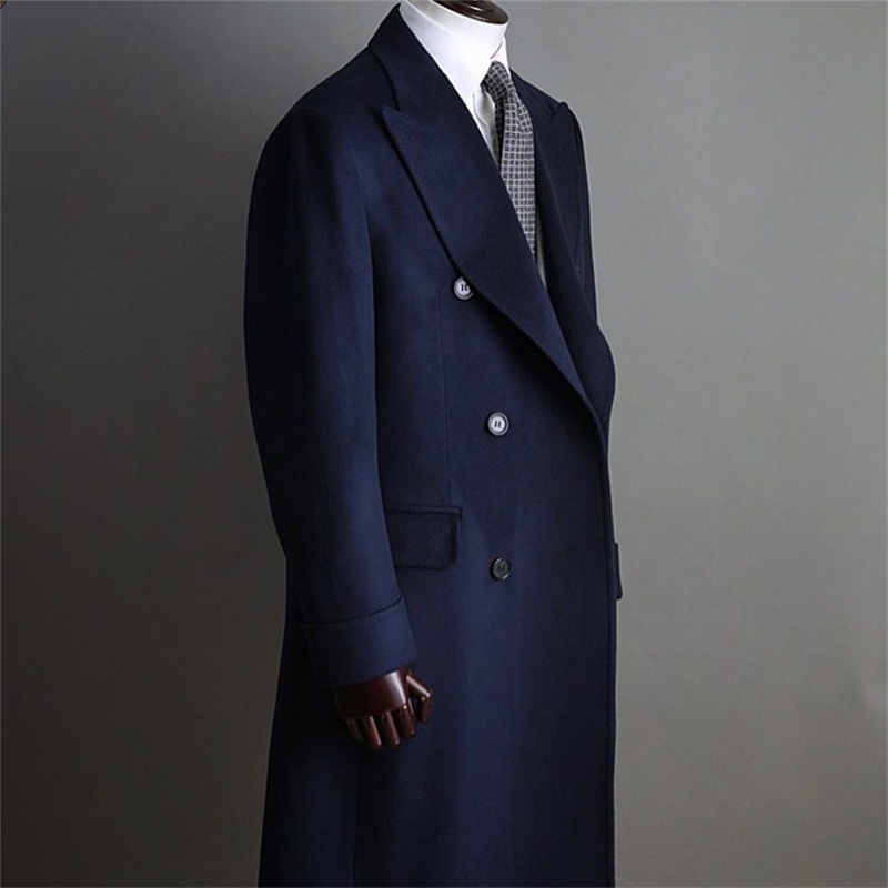 Formal Navy Men Suits Thick Wool Custom Made Double Breasted Tuxedos Peaked Lapel Blazer Business Long Coat