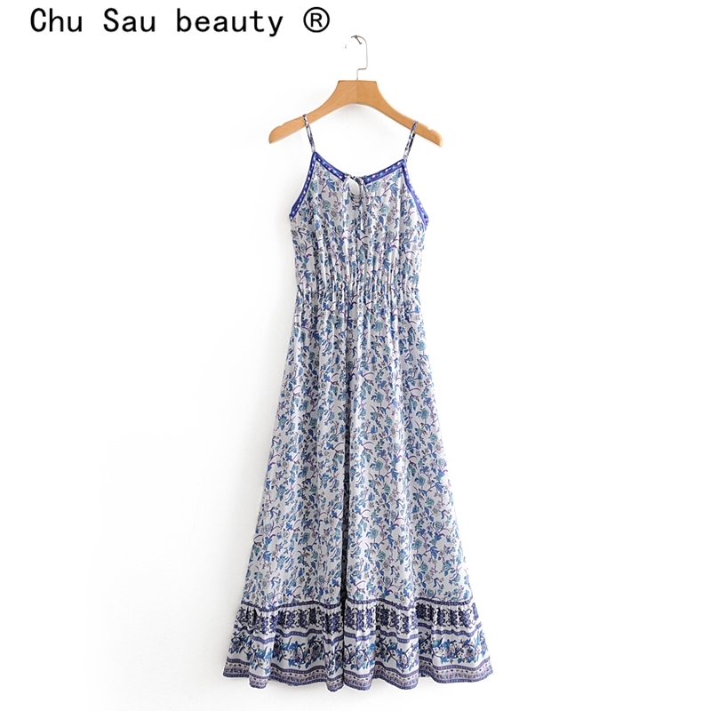 beauty Fashion Boho Style Floral Print Sling Dress Women Holiday Chic Bow Tie Long Dresses Female Summer Beachwear 210514