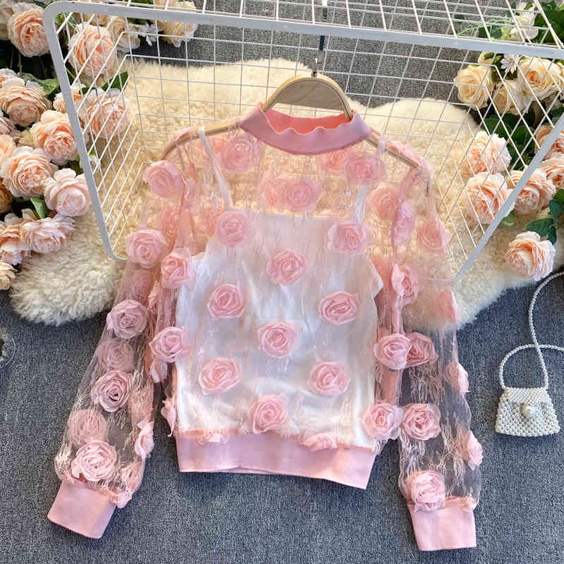 Nomikuma Korean 3D Floral Blouse Sets Perspective Mesh Sweet Puff Sleeve O-neck Lace Shirt + Basic Sling Vest Women Suits 6E027 210427